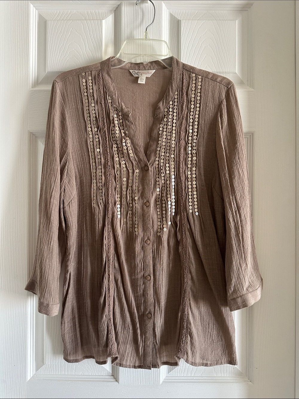 Krazy Kat Taupe Button-Front Tunic with Sequin Trim